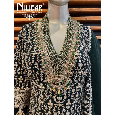 Bottle Green Silk and Organza Straight Pant Suit Set