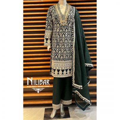 Bottle Green Silk and Organza Straight Pant Suit Set
