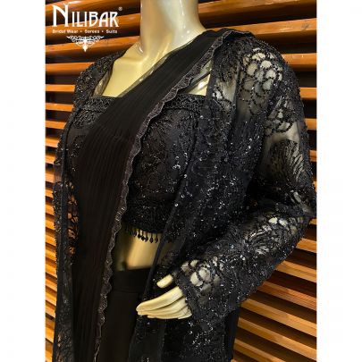Black Georgette and Net Draped Saree