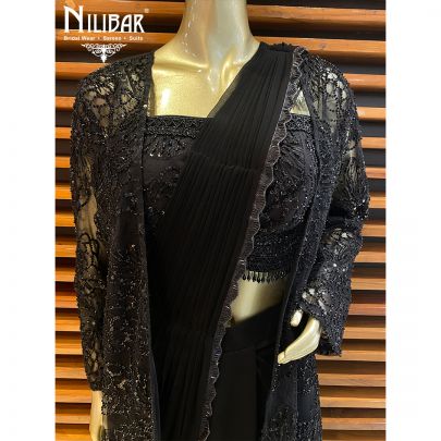 Black Georgette and Net Draped Saree