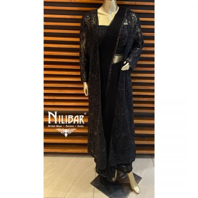 Black Georgette and Net Draped Saree