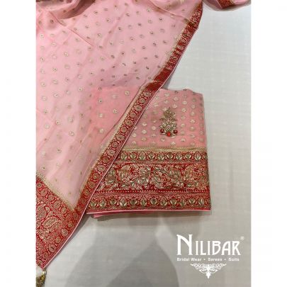 Pink and Red Georgette Unstitched Suit