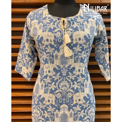 Blue Cotton Printed Kurta