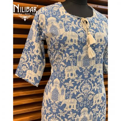 Blue Cotton Printed Kurta