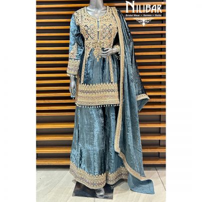 Grey Blue Velvet Flared Palazzo Suit