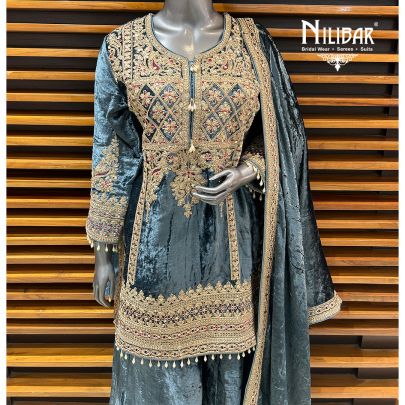 Grey Blue Velvet Flared Palazzo Suit
