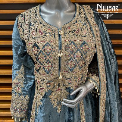 Grey Blue Velvet Flared Palazzo Suit