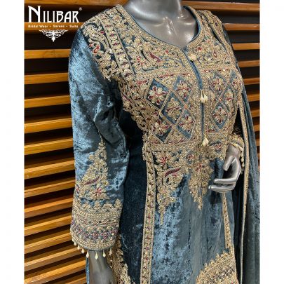 Grey Blue Velvet Flared Palazzo Suit