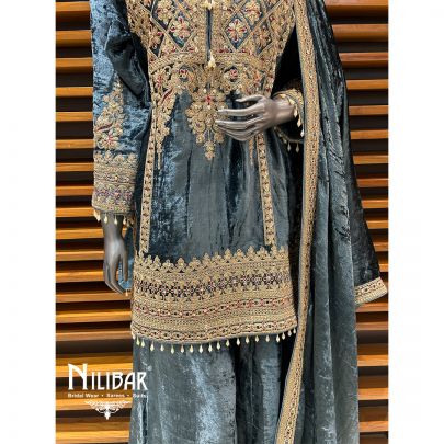Grey Blue Velvet Flared Palazzo Suit