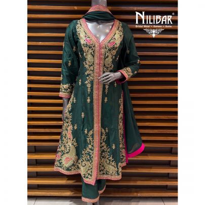 Bottle Green Silk Centre Cut A-Line Long Shirt & Pants