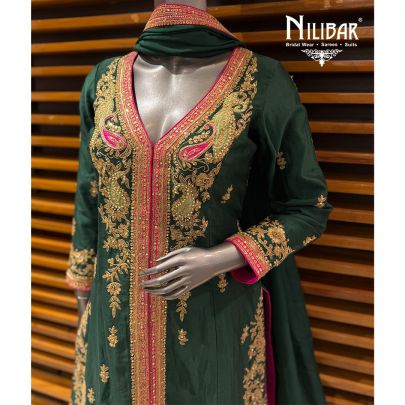 Bottle Green Silk Centre Cut A-Line Long Shirt & Pants