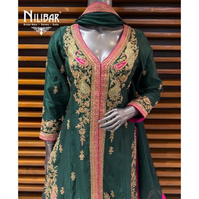 Bottle Green Silk Centre Cut A-Line Long Shirt & Pants