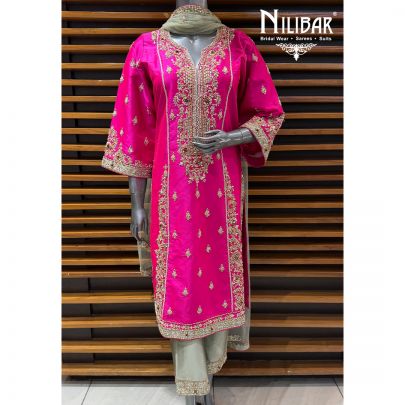 Hot Pink & Mint Green Silk Long Pink Embroidered Shirt & Straight Pants