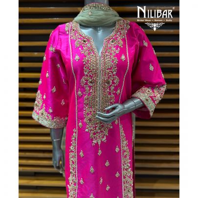Hot Pink & Mint Green Silk Long Pink Embroidered Shirt & Straight Pants