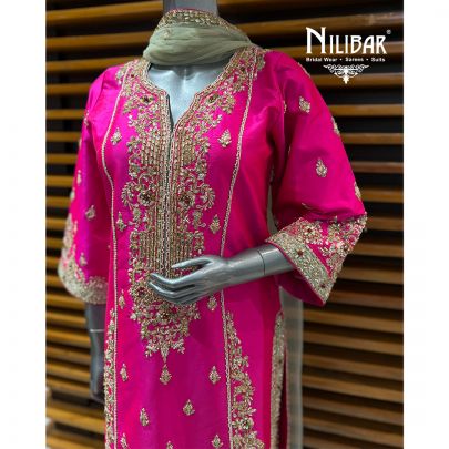 Hot Pink & Mint Green Silk Long Pink Embroidered Shirt & Straight Pants