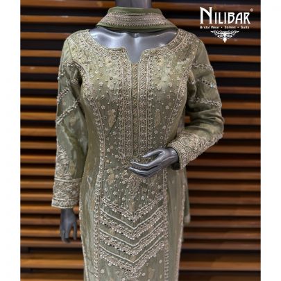 Mint Green Lame Silk Long Shirt & Brocade Pants