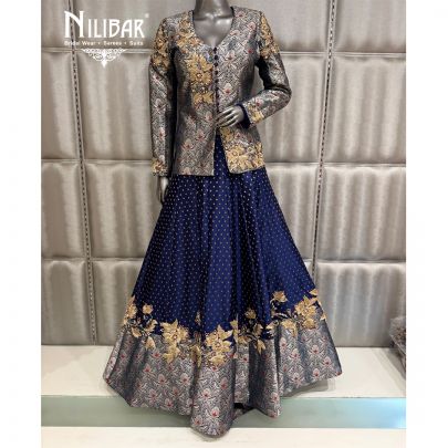 Navy Blue Silk Short Top Paired with Lehenga