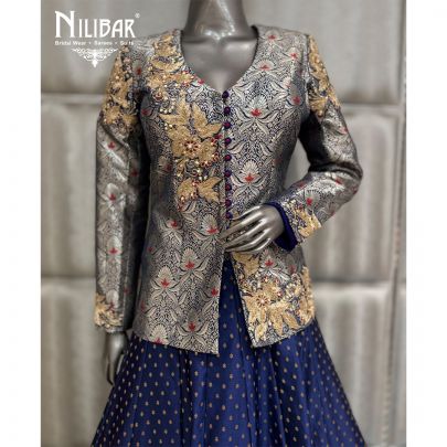 Navy Blue Silk Short Top Paired with Lehenga