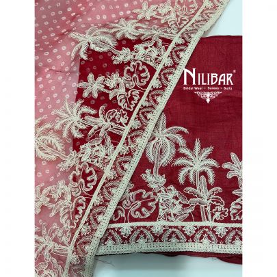Red Embroidered Silk Unstitched Suit