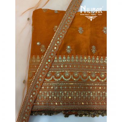 Orange Embroidered Silk Unstitched Suit