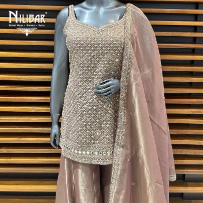 Rose Gold Pink Lamé Silk Panelled Palazzo Suit