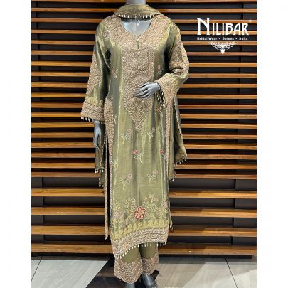 Mehandi Green Lamé Tissue Pant Suit