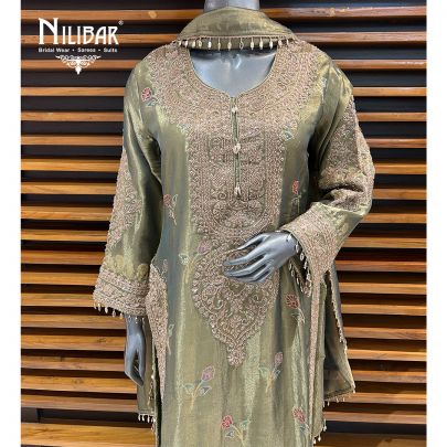 Mehandi Green Lamé Tissue Pant Suit