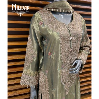Mehandi Green Lamé Tissue Pant Suit