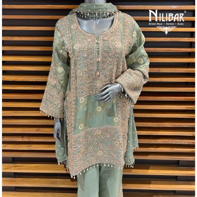 Tea Green Banarasi Silk Pant Suit
