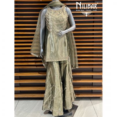 Metallic Green Lamé Tissue Bell Bottom Palazzo Suit