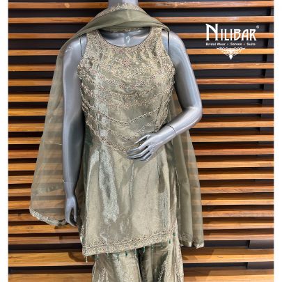 Metallic Green Lamé Tissue Bell Bottom Palazzo Suit