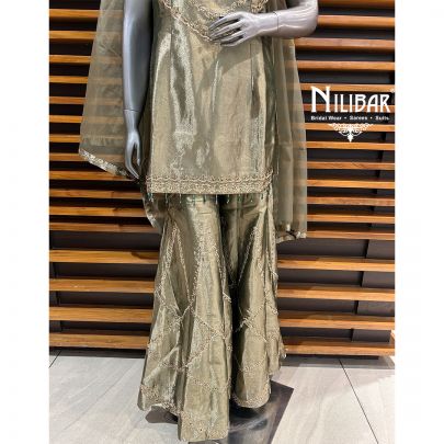 Metallic Green Lamé Tissue Bell Bottom Palazzo Suit