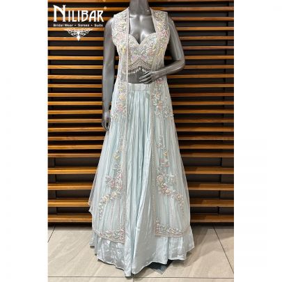 Light Blue Crepe Three Piece Skirt Indo Western Set