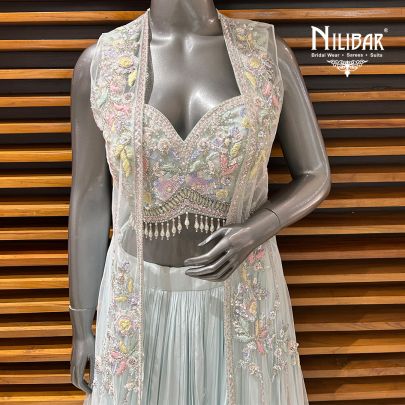 Light Blue Crepe Three Piece Skirt Indo Western Set