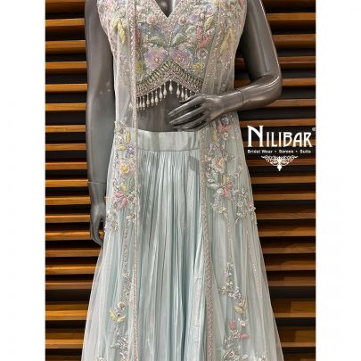 Light Blue Crepe Three Piece Skirt Indo Western Set