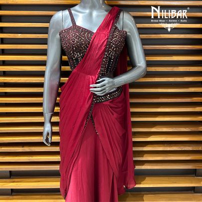 Deep Red Satin Drape Saree