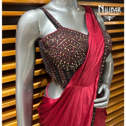 Deep Red Satin Drape Saree