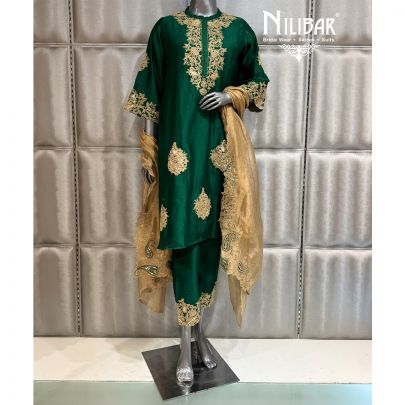 Bottle Green & Beige A Line Shirt Paired With Pants