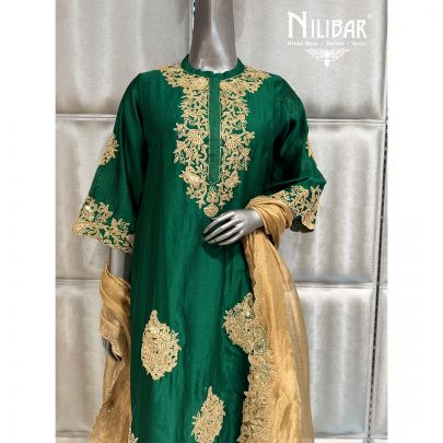 Bottle Green & Beige A Line Shirt Paired With Pants