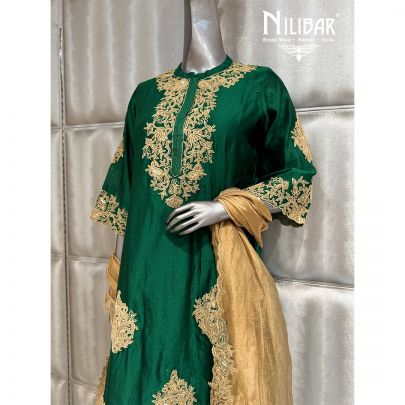 Bottle Green & Beige A Line Shirt Paired With Pants