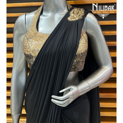 Gold & Black Net Blouse With Lycra Drape Saree