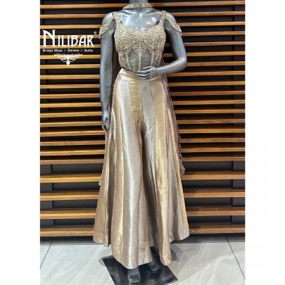 Gold Net Blouse With Lamé Silk Three Piece Indo-Western Set