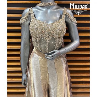 Gold Net Blouse With Lamé Silk Three Piece Indo-Western Set