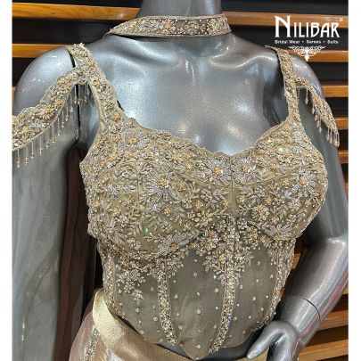Gold Net Blouse With Lamé Silk Three Piece Indo-Western Set