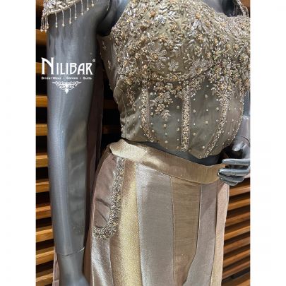 Gold Net Blouse With Lamé Silk Three Piece Indo-Western Set