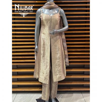 Gold Brocade Silk Centre Cut A-line Shirt With Pants Suit