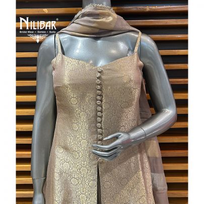 Gold Brocade Silk Centre Cut A-line Shirt With Pants Suit