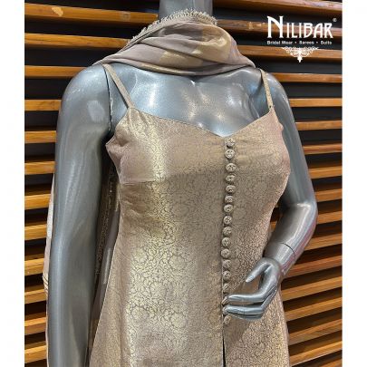 Gold Brocade Silk Centre Cut A-line Shirt With Pants Suit