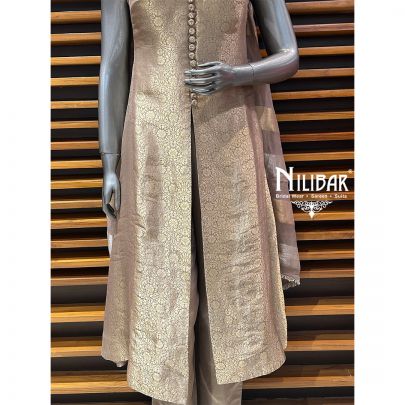 Gold Brocade Silk Centre Cut A-line Shirt With Pants Suit