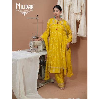 Yellow Silk Anarkali Suit Paired With Salwar & Crush Chinnon Dupatta